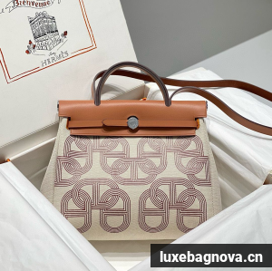 Hermes Herbag 31CM Original Canvas Print Leather & Calfskin 48887 Cream&Brown