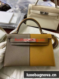 Hermes Kelly 19cm Shoulder Bags Epsom Leather KL19 Silver hardware gray&yellow