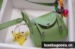 Hermes mini Lindy Togo Leather Bag LD19 green&Silver-Tone Metal