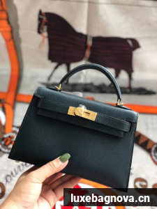 Hermes original mini Kelly chevre mysore K19CM Blackish green&Gold Metal