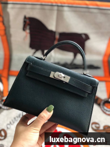 Hermes original mini Kelly chevre mysore K19CM Blackish green&silver Metal