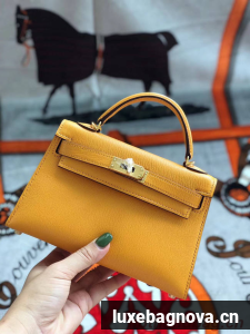 Hermes original mini Kelly chevre mysore K19CM Mango yellow&Gold Metal