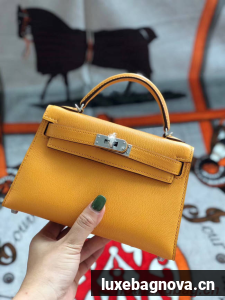 Hermes original mini Kelly chevre mysore K19CM Mango yellow&silver Metal
