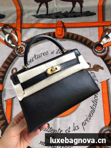 Hermes original mini Kelly chevre mysore K19CM black&Gold Metal