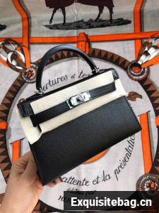Hermes original mini Kelly chevre mysore K19CM black&silver Metal