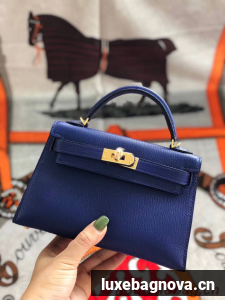 Hermes original mini Kelly chevre mysore K19CM blue&Gold Metal