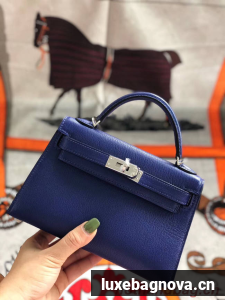 Hermes original mini Kelly chevre mysore K19CM blue&silver Metal