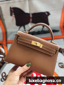 Hermes original mini Kelly chevre mysore K19CM brown&Gold Metal