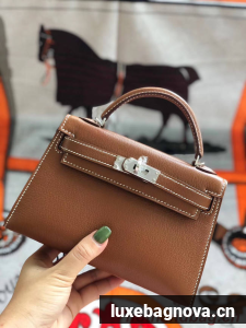 Hermes original mini Kelly chevre mysore K19CM brown&silver Metal