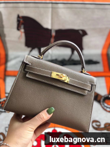 Hermes original mini Kelly chevre mysore K19CM grey&Gold Metal