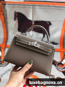Hermes original mini Kelly chevre mysore K19CM grey&silver Metal