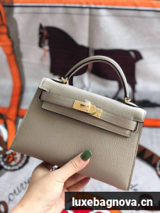 Hermes original mini Kelly chevre mysore K19CM light grey&Gold Metal