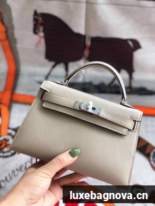 Hermes original mini Kelly chevre mysore K19CM light grey&silver Metal