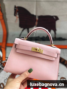 Hermes original mini Kelly chevre mysore K19CM pink&Gold Metal