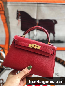 Hermes original mini Kelly chevre mysore K19CM red&Gold Metal