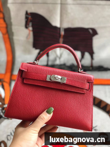 Hermes original mini Kelly chevre mysore K19CM red&silver Metal