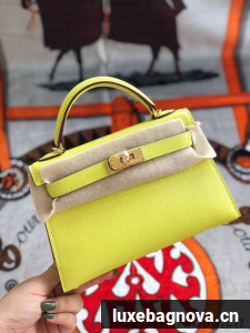 Hermes original mini Kelly chevre mysore K19CM yellow&Gold Metal