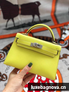 Hermes original mini Kelly chevre mysore K19CM yellow&silver Metal