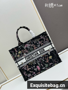 Large Dior Book Tote Black Multicolor Dior Herbarium Embroidery M1286ZE