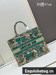 Large Dior Book Tote Raffia with Aquamarina Toile de Jouy Sauvage Embroidery M1286ZE