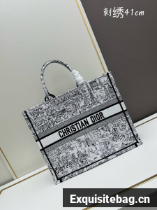 Large Dior Book Tote White and Black Paris Allover Embroidery M1286ZE