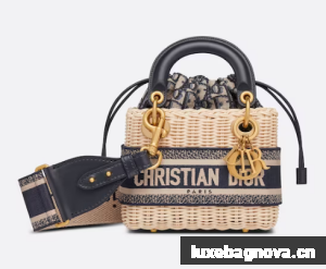 MINI LADY DIOR BAG Natural Wicker and Blue Dior Oblique Jacquard M0505C