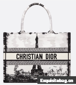 Medium Dior Book Tote White and Black Paris Embroidery M1296ZEG