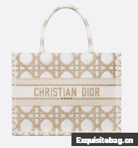 Medium Dior Book Tote White and Gold-Tone Macrocannage Embroidery M1296ZZ