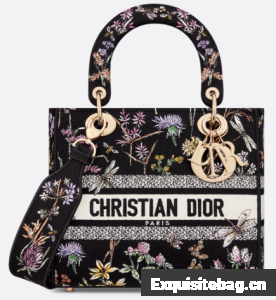 Medium Lady D-Lite Bag Black Multicolor Dior Herbarium Embroidery M0565OE