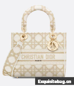 Medium Lady D-Lite Bag White and Gold-Tone Macrocannage Embroidery M0565O