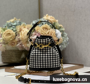 SMALL CEST DIOR BAG Black and White Houndstooth Embroidery Natural Cannage M2272U