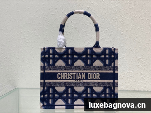 SMALL DIOR BOOK TOTE Beige and Blue Macrocannage Embroidery M1296ZRG