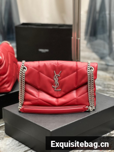 SAINT LAUREN PUFFER SMALL CHAIN BAG Y777476 red&Silver