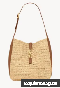 Saint Laurent LE 5 A 7 supple small in raffia and leather 823812 PALE BROWN AND BRICK