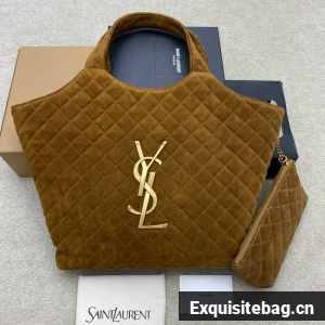 Yves Saint Laurent ICARE MAXI SHOPPING BAG IN QUILTED suede 698651 CARAMEL COGNAC
