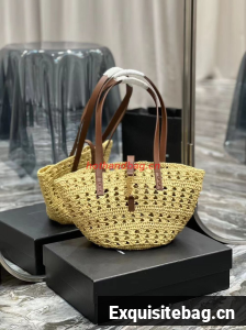 SAINT LAUREN PANIER SMALL BAG IN CROCHET RAFFIA AND SMOOTH LEATHER 685618 NATUREL