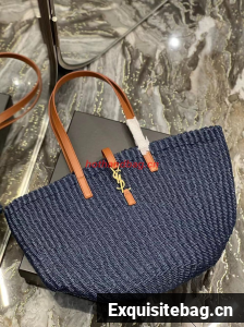SAINT LAURENT PANIER MEDIUM BAG IN CROCHET RAFFIA AND SMOOTH LEATHER 688221 dark blue