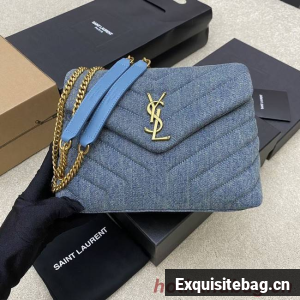 SAINT LAURENT PUFFER SMALL CHAIN BAG IN DENIM AND SMOOTH LEATHER 392277 BLUE
