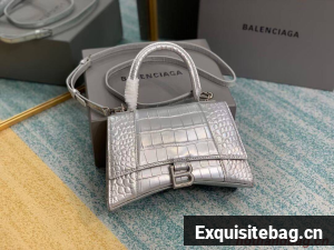 Balenciaga HOURGLASS SMALL TOP HANDLE BAG crocodile embossed calfskin B108895E silver