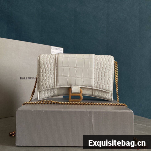 Balenciaga HOURGLASS Wallet With Chain Crocodile Embossed 656050 White