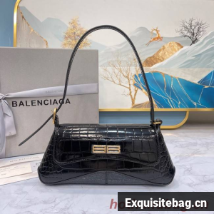 Balenciaga LINDSAY CROCODILE EMBOSSED SMALL SHOULDER BAG WITH STRAP 6009 black Balenciaga LINDSAY CROCODILE EMBOSSED SMALL SHOULDER BAG WITH STRAP 6009 black