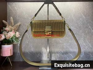 Fendi Baguette crystals and leather bag F0961 gold