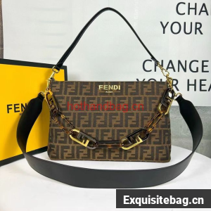 Fendi O Lock Zipper Brown FF jacquard fabric and leather bag F1068