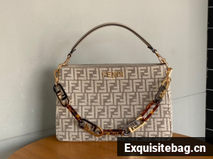 Fendi O Lock Zipper Brown FF jacquard fabric and leather bag F1068 gray