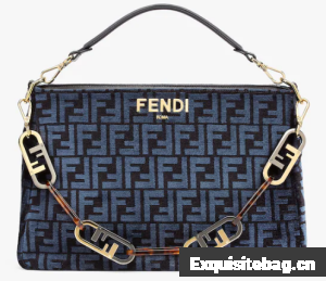 Fendi O Lock Zipper Dark blue tapestry fabric bag 8BR805A