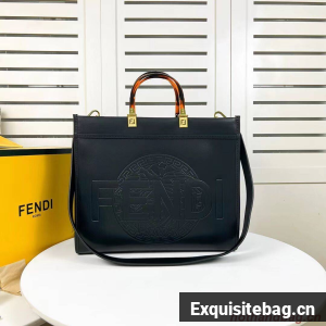 Fendi Sunshine Medium Fendace Printed black leather Logo shopper F0873 black