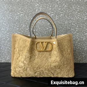 VALENTINO Medium RAFFIA MACRAME Shoulder Bag 0220L Apricot