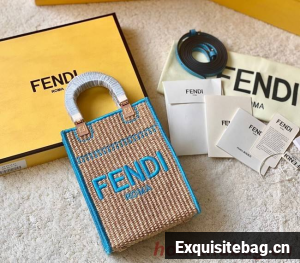 FENDI Mini Sunshine Shopper FF raffia mini-bag 8BS051A blue
