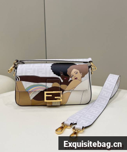 Fendi FF glazed fabric bag with inlay Baguette 8BR600A white