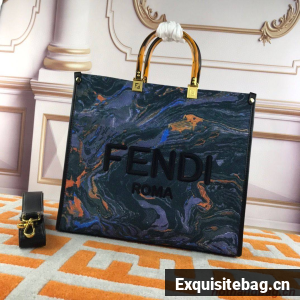 Fendi Tote Fabric Graffiti Print Shopping Bag 1676 Blue